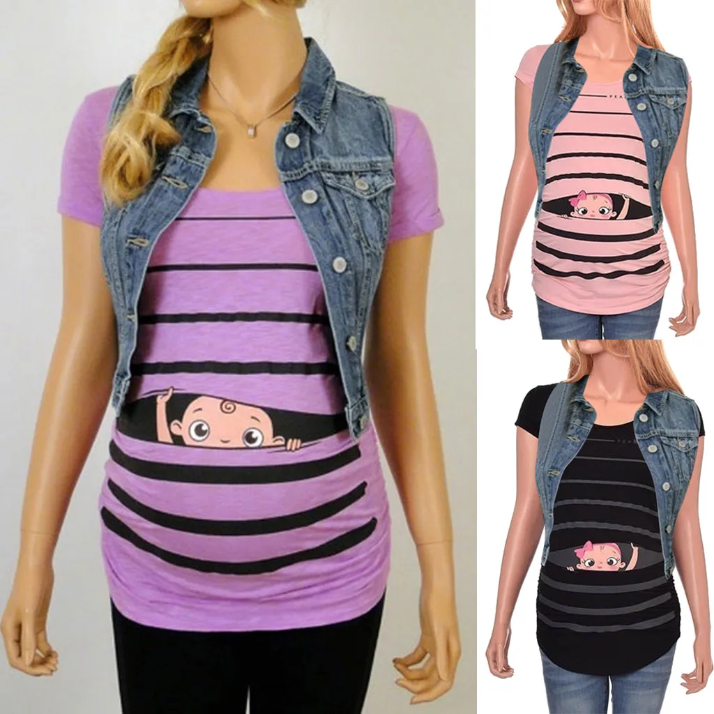 

Striped Maternity Cute T-shirt fashion Baby Print Female Short Sleeve T-shirt Pregnant Tops Ladies clothes ropa maternidad