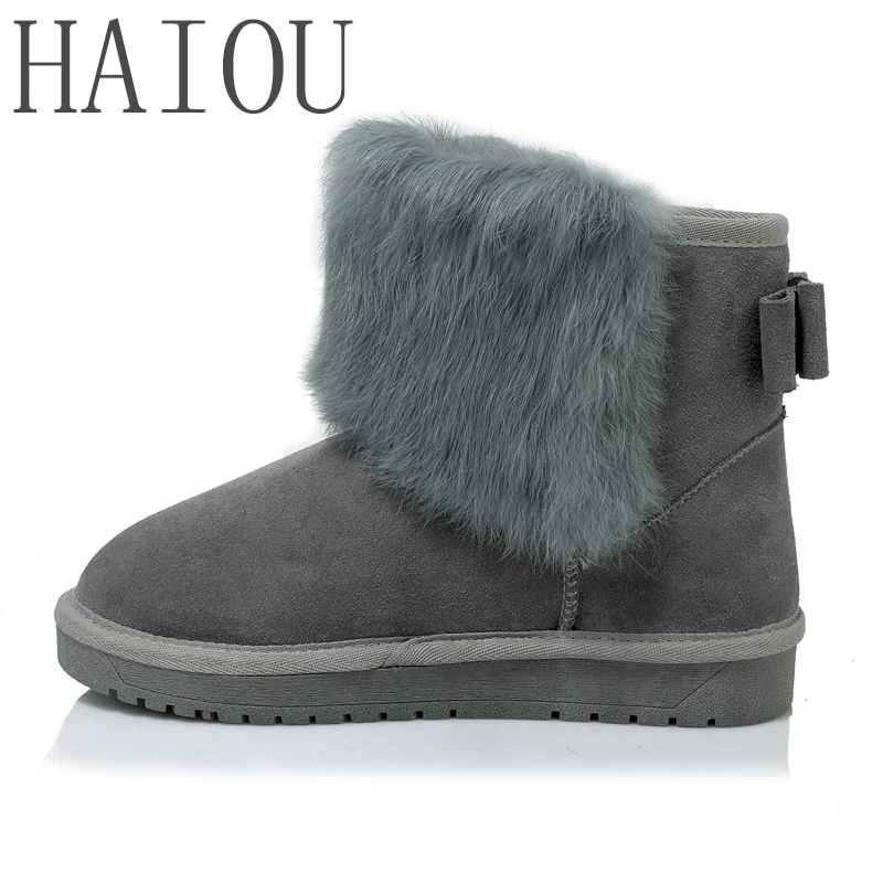 

New Arrive Female Fur Boots Women Winter Warm Shoes Short Plush Gray Boots Leather Slip on Snow Boots Ankle Flock Shoes Black