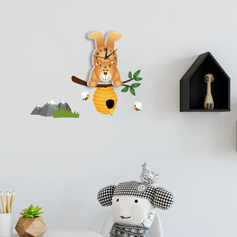 3D мультфильм милый медведь настенные часы для детской комнаты гостиной украшения креативные настенные часы домашний декор бесшумные Современные часы