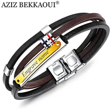 Азиз BEKKAOUI кожаный браслет выгравированное имя браслеты из нержавеющей стали ожерелье черный ремень логотип по заказу браслет для мужчин ювелирные изделия