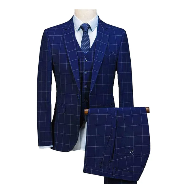 Great buy Price for  2019 Brand Men Suit Slim Fit Plaid Suits 3 Pieces Groom Wedding Suit High Quality Men's Suits Forma
