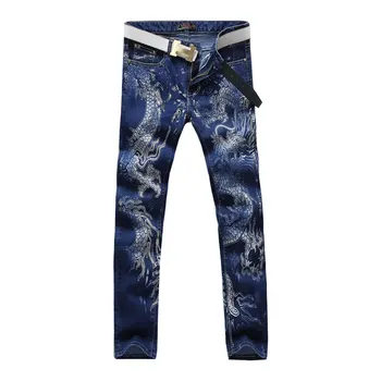 

High-Quality Men's Fashion Dragon Print Stretch Denim Jeans Slim Blue painted Straight Pants Long Trousers