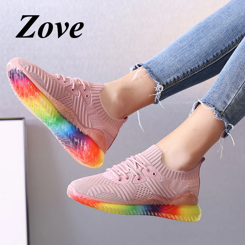 

ZOVE Women Flats Shoes 2019 Summer Breathable Mesh Walking Sneakers Shoes Fashion Fly Knit Colorful Botton Lace Up Outdoor Shoes