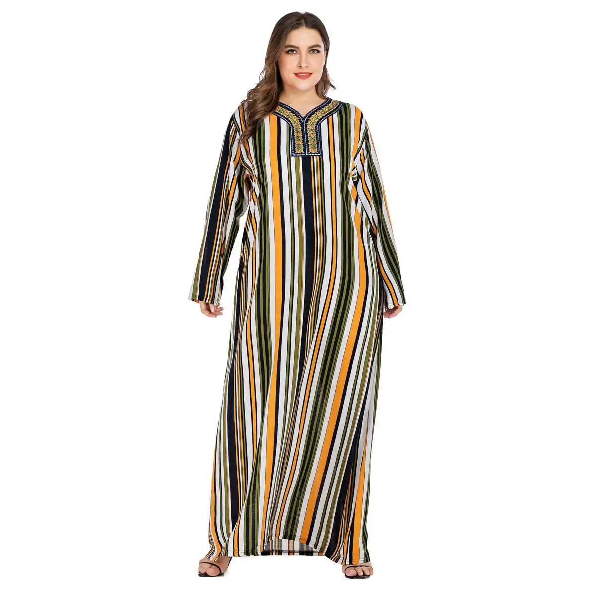 

2019 Autumn Women Striped Printed Muslim Dress Plus Size Abaya Fashion Robe Turkish Dubai Arab Kaftan Moroccan Gown VKDR1735