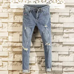 Джинсы мужские дырявые синие обтягивающие рваные модные джинсовые брюки уличные мотоциклетные байкерские узкие джинсы