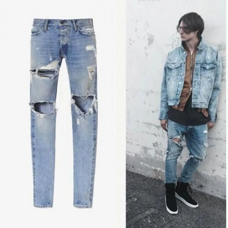 

Fear of God Best Version Men Selvedge Zipper Destroyed Torn Pants Skinny Jeans Blue Jean Slim Fit Justin Bieber God of Fear