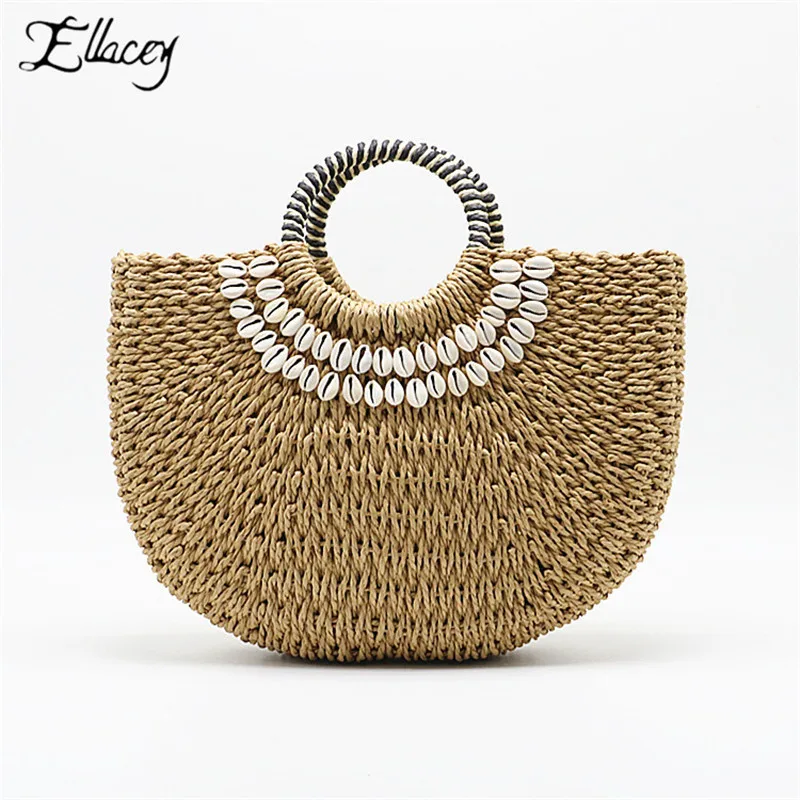 

New Summer Shell Decoration Handmade Bags Women Pompon Beach Weaving Ladies Straw Bag Wrapped Rattan Bag Moon shaped Bag