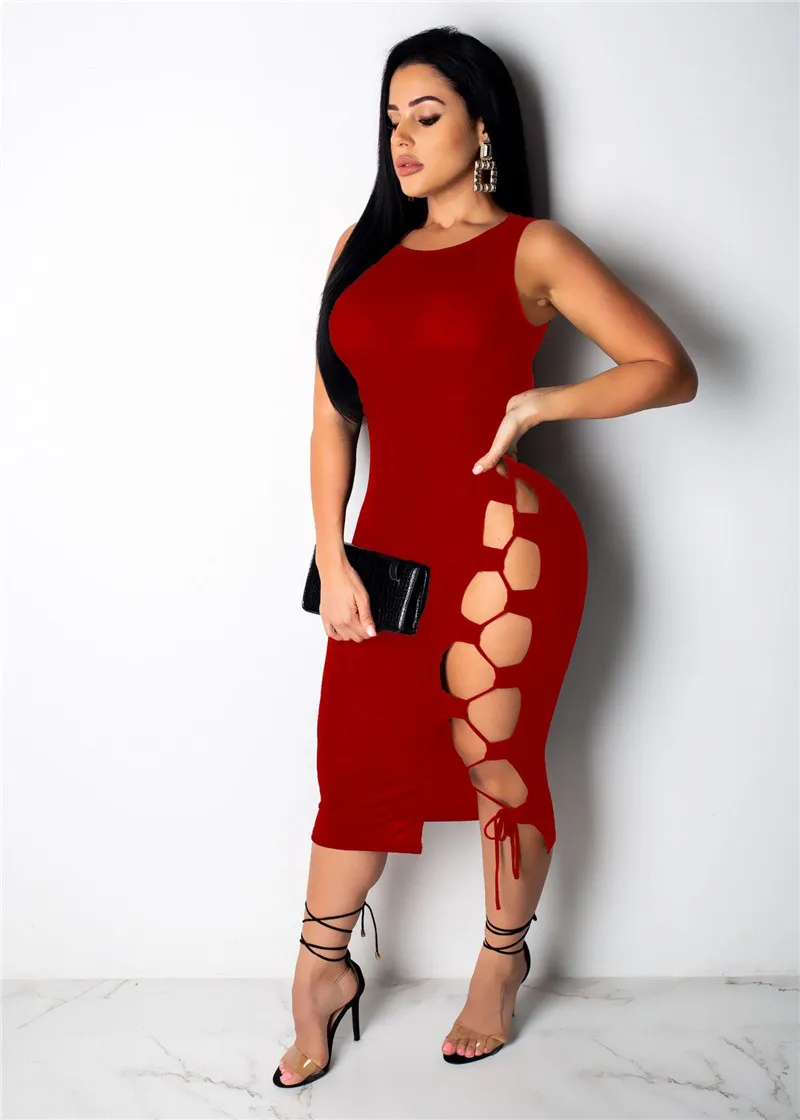 Women Sleeveless Tank Black Bandage Dress Sexy O-neck Hollow Out Knee-length Bodycon Midi Dress Celebrity Party Dresses Vestidos Women Sleeveless Tank Black Bandage Dress Sexy O-neck Hollow Out Knee-length Bodycon Midi Dress Celebrity Party Dresses Vestidos