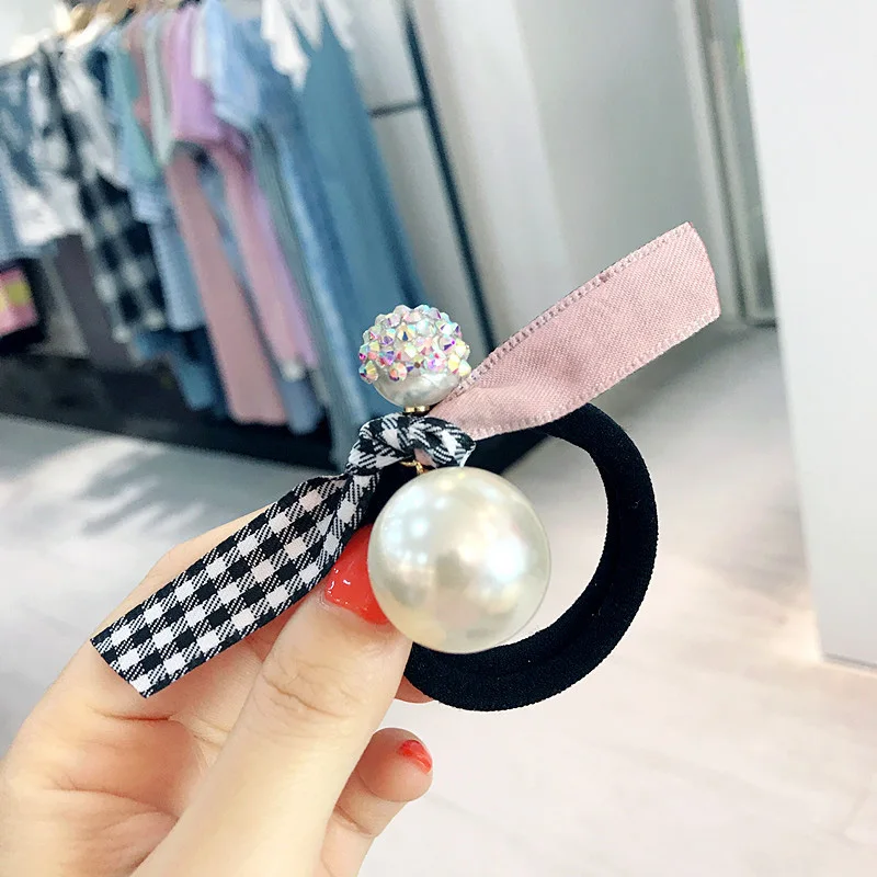 Houndstooth cloth bow hair rope color diamond pearl hair ring thick rubber band ponytail ties fashion hair accessories for women