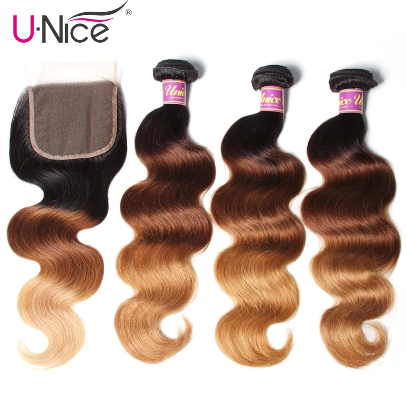 

Unice Hair Peruvian Body Wave 3/4 Bundles with Closure T1B/4/27 Color Remy Human Hair Weaving Ombre Bundles With Closure