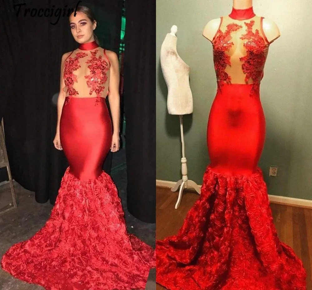 6-1             Red Mermaid Evening Dresses High Neck Appliques Illusion Bodice Satin 3D Flowers Backless Prom Dresses Sexy Party Dresses Sweep Train