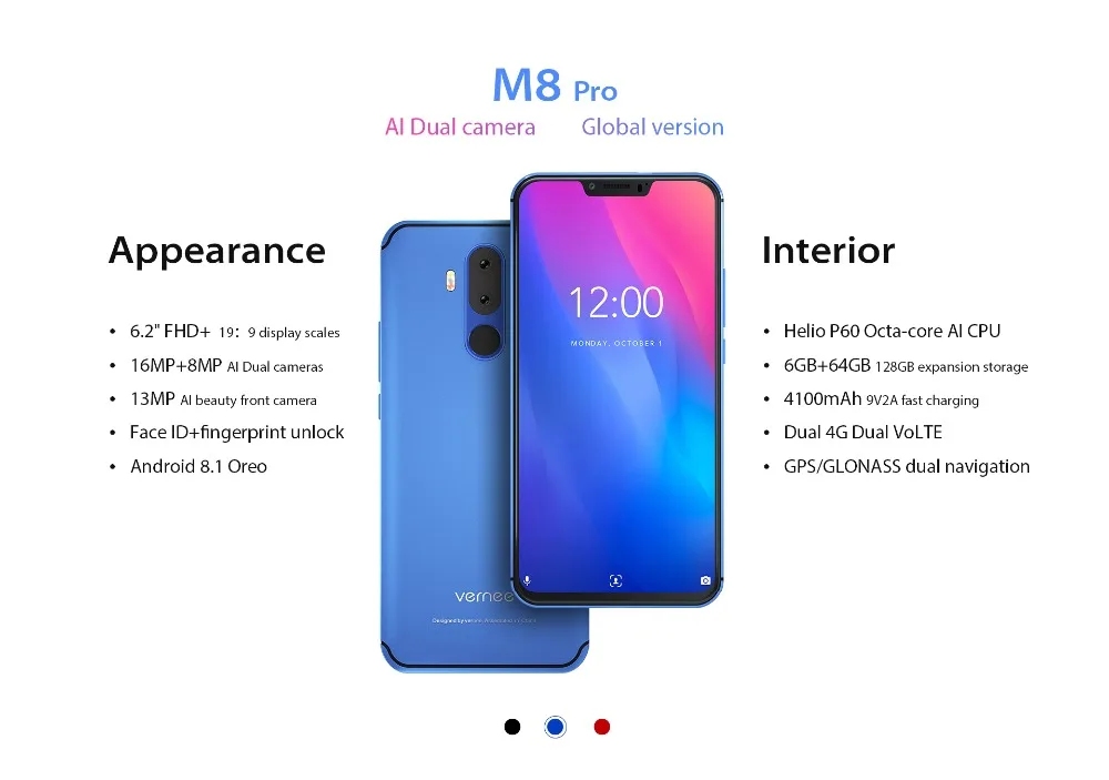 Мобильный телефон Vernee M8 Pro 6,2 дюйма, 6 ГБ ОЗУ, 64 Гб ПЗУ, Helio P60, 4100 мАч, 16 Мп+ 8 Мп, Беспроводная зарядка, распознавание лица, Android 8,1, NFC, смартфон