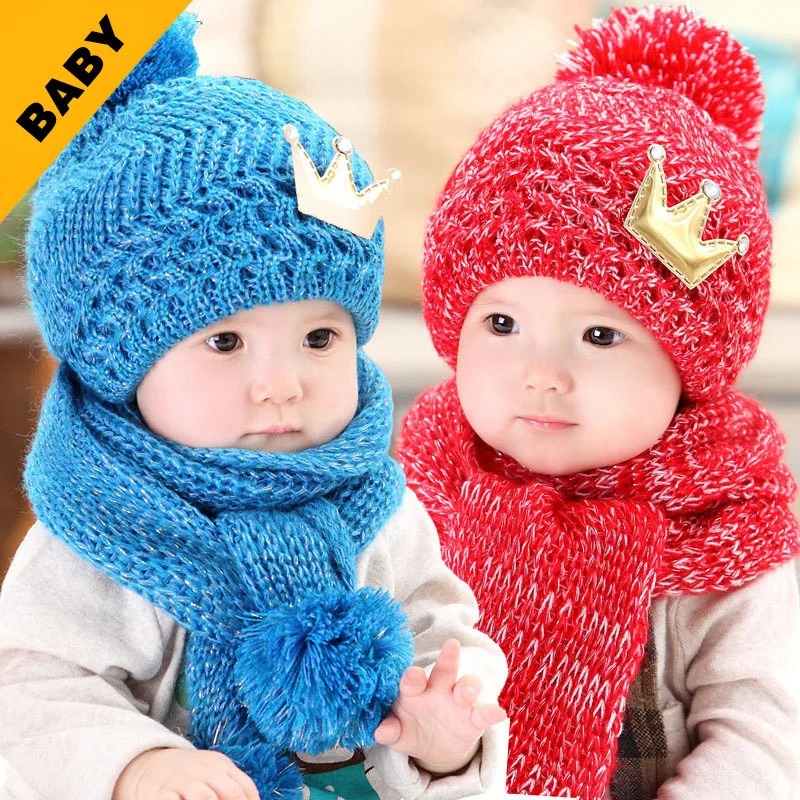 

2Pcs/set Baby Hat+Scarf Winter Warm Baby Hat Scarf Set Cute Pompom Crown Knitted Kids Hat Cap Newborn Baby Bonnet