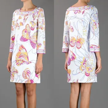 

Hot Top Quality Fresh and elegant temperament white butterfly Printing square collar Slim stretch knit silk dress