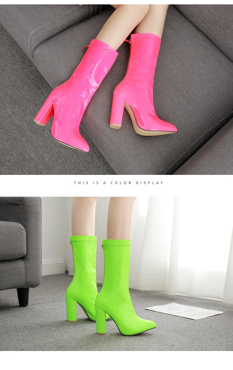 MeiLiKeLin/привлекательные ботинки до середины икры ярких цветов; женские ботинки до середины икры на квадратном каблуке; модные трендовые зеленые женские ботинки на высоком каблуке для банкета