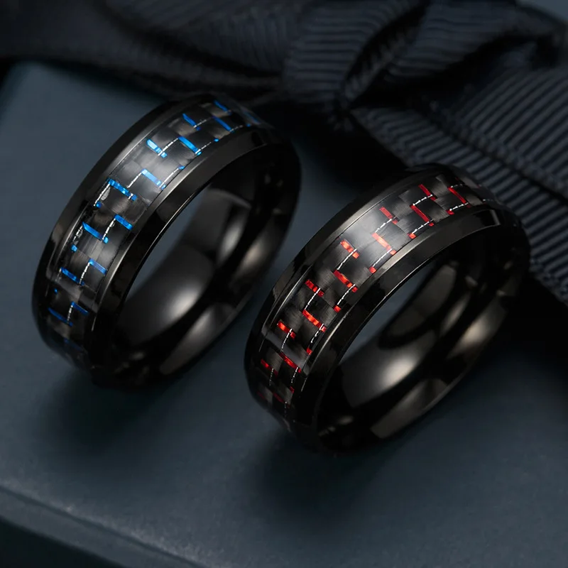 

Men's Brushed Blue Red Titanium Wedding Bands Ring with Red and Blue Carbon Fiber Inlay