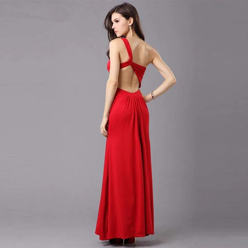 New 2016 Women's Clothing Elegant Stain Solid Red Party Casual Dress One Shoulder Sequin Sexy Ankle-Length Dresses W333683B (4)
