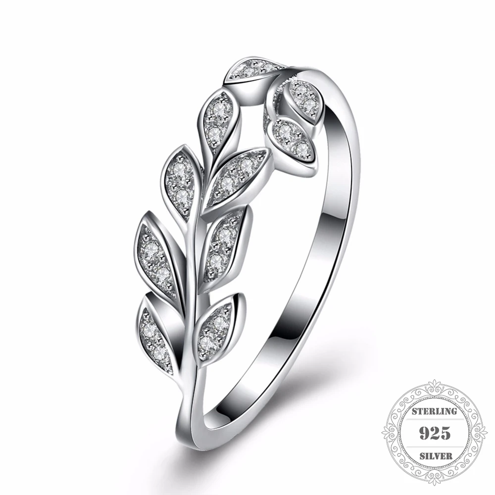 Hemiston 925 Sterling Silver Olive Branch Leaf Rings Clear CZ Paved