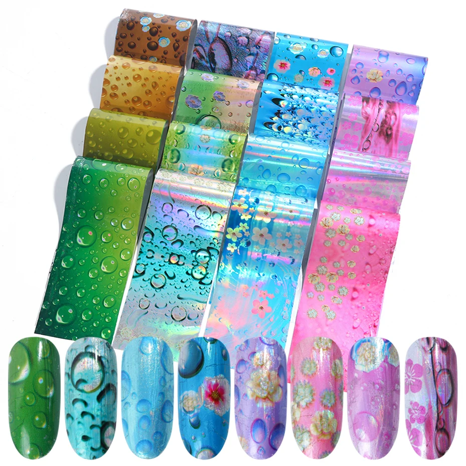 

16pcs Waterdrop Foils Nail Stickers Summer Bubble Holographic Transfer Starry Adhesive Decals Slider Nail Art Set Manicure LA794