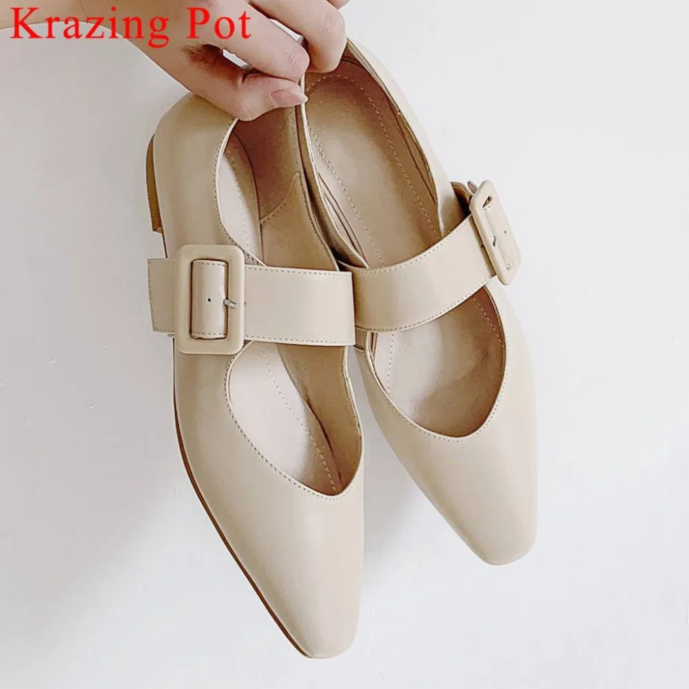 

Krazing Pot concise preppy style buckle strap handmade genuine leather square toe pretty girls loafers grandma casual shoes L12