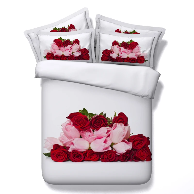 Rose flower bedding set princess girls bed linens queen twin full king size duvet quilt cover 3/4 pieces white bed spreads 500tc