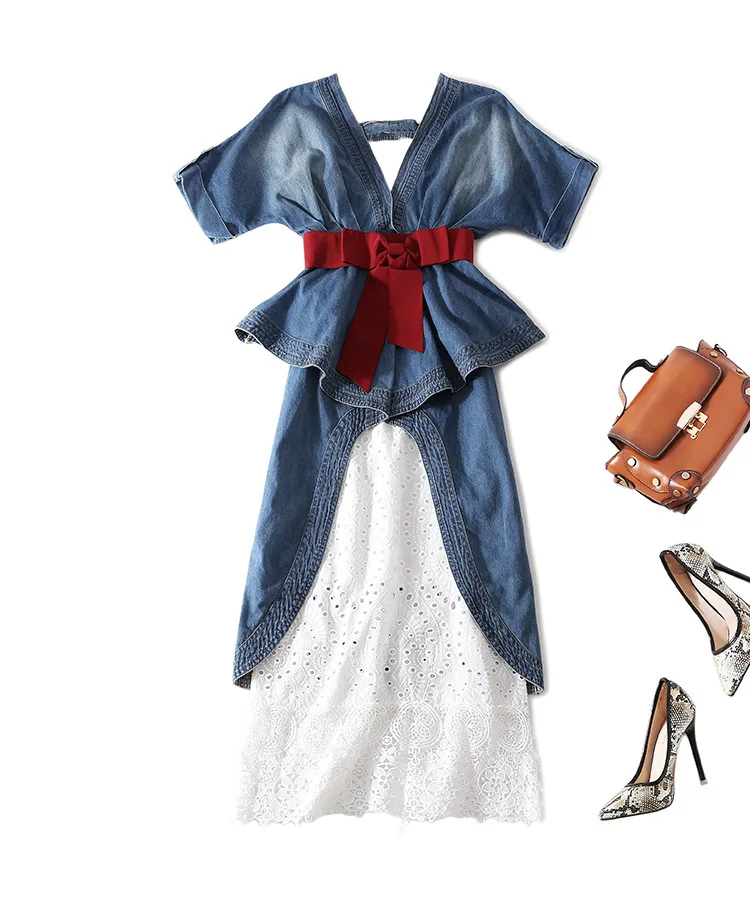 Сексуальное женское платье с v-образным вырезом и рукавом средней длины, Синее джинсовое платье с поясом и белой кружевной юбкой, элегантные облегающие платья, комплекты, весна, Новинка