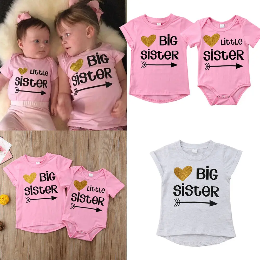 2019 New Fashion Letters Love Family Matching Clothes Big Sister T-shirt Little Sister Romper Tops  Baby Girl Outfits