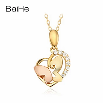 شراءBAIHE الصلبة 18K وردة صفراء الذهب 0.16ct الماس المستديرة النساء الزفاف غرامة مجوهرات جميلة القلب عقد بحلية متدلية على شكل فراشة القلائد