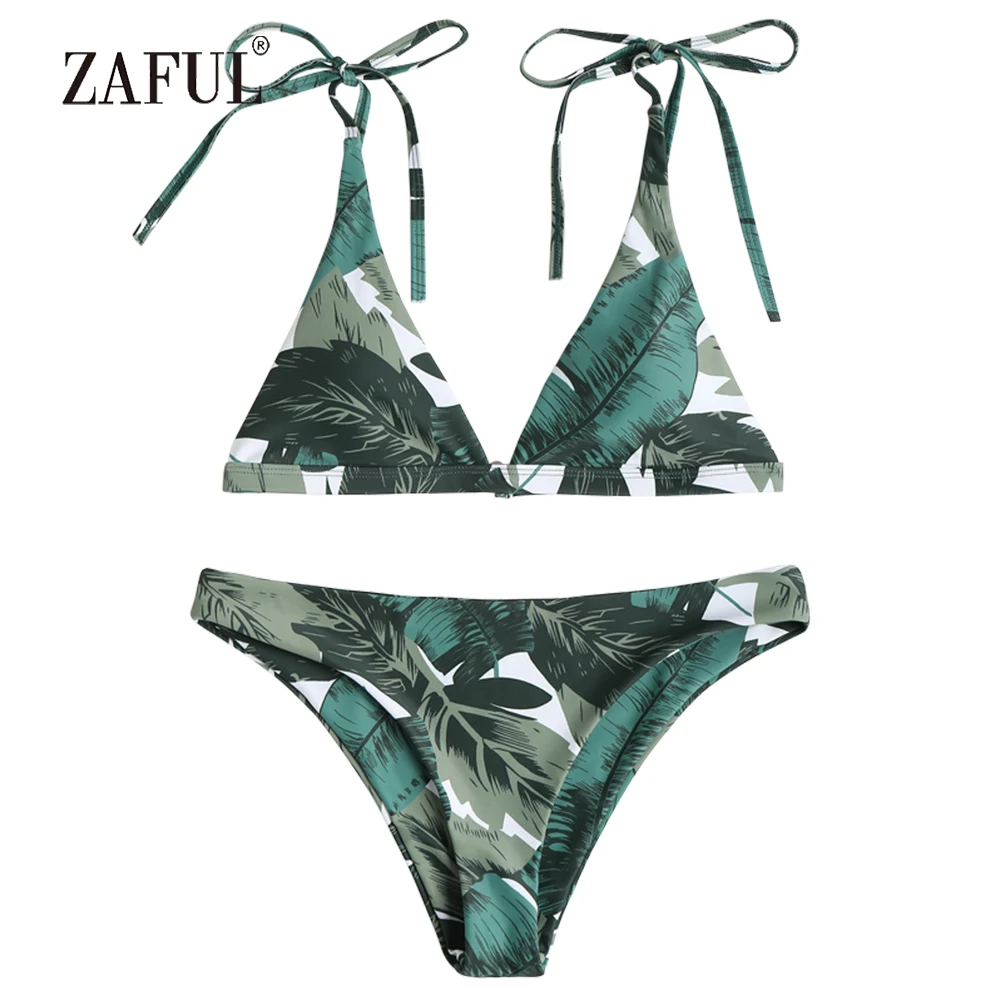 

ZAFUL Bikini 2018 Tie Shoulders Swimwear Women Swimsuit Leaf Plunge Spaghetti Straps Pad Pine Green Sexy V-Neck Triangle Biuqni