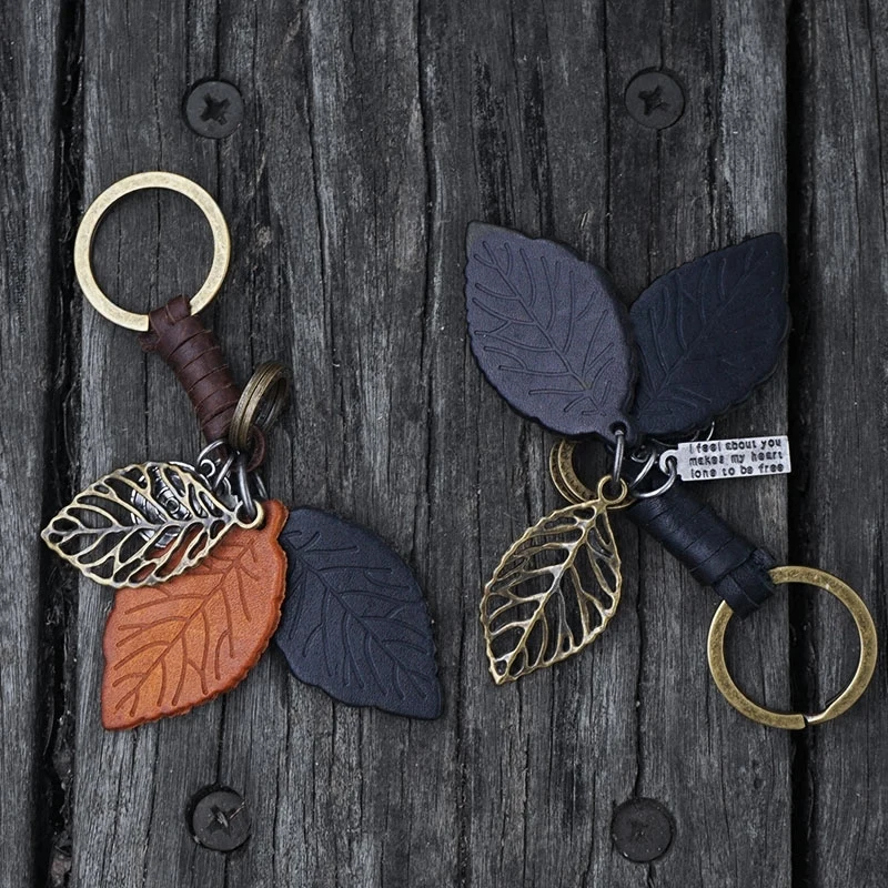 

Handmade Vintage Genuine Leather Leaf Rope Keychain Metal Car Key Chains Fob Men Key Holder Key Cover Auto Keyring Gift Present