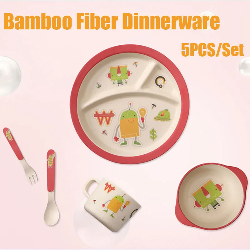 

5pcs/set nature bamboo fiber Dinnerware cartoon dinner Tableware Baby bamboo plate set children tableware Christmas gift