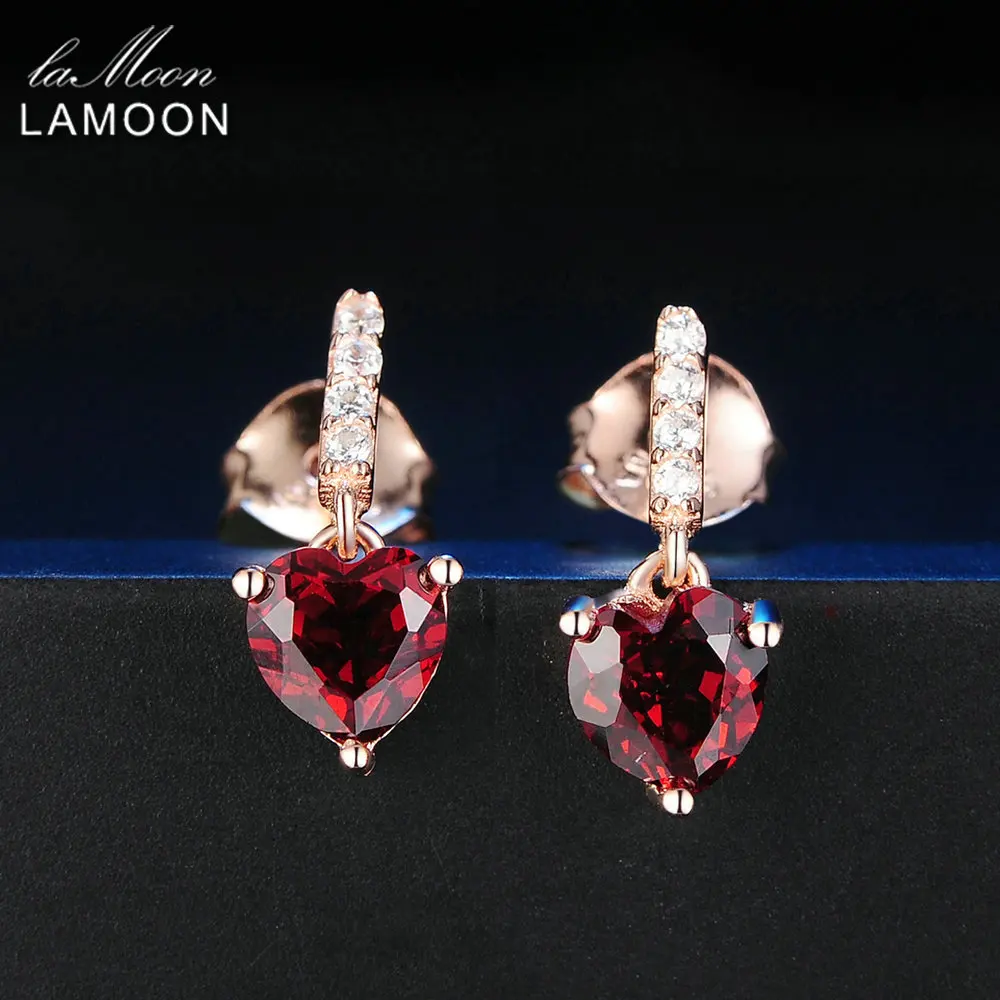 LAMOON модный 0.6ct сердце натуральный красный гранат 925 Висячие серьги из серебра 925 пробы ювелирные украшения S925 LMEI030