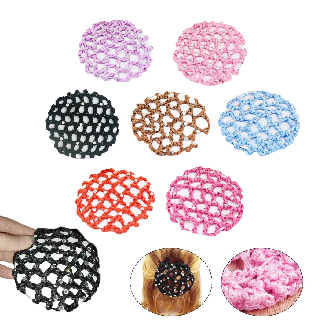 

Hot Sale hair accessories for women scrunchie Women Hair Bun Cover Snood Rhinestone Ballet Dance Skating Net Skating Crochet