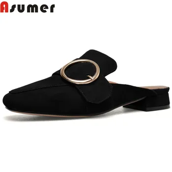 

ASUMER 2020 fashion spring autumn shoes woman square toe shallow casual mules shoes suede leather slippers black pink
