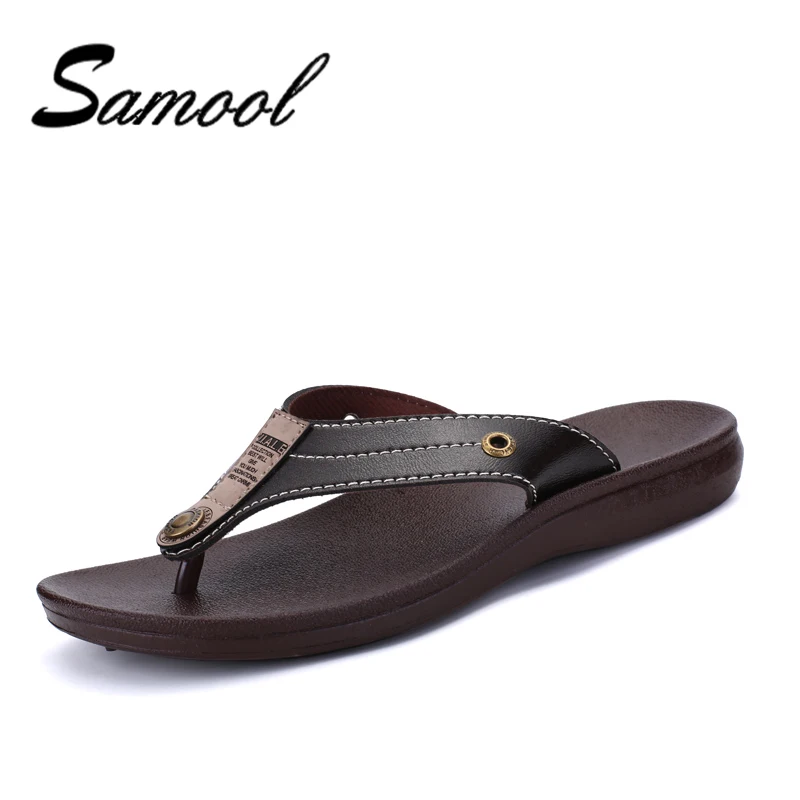 

New Arrival Summer Cool Men's Leather Flip Flops Increased British Style Boardered Beach Sandals Male Slippers Zapatos Hombre 35