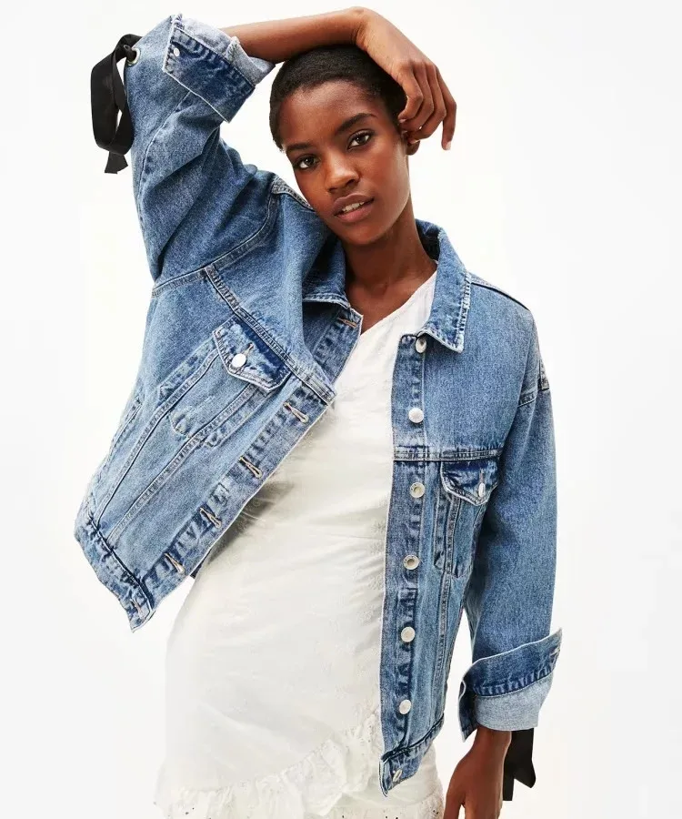 Women Denim Jacket Spring Autumn Straps Tie Cross Back Female Jackets