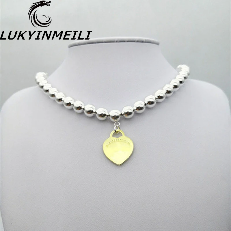 

TIFF 1:1 s 925 sterling silver necklace 8 mm beaded heart-shaped gold pendant fashion trend women's fresh European style