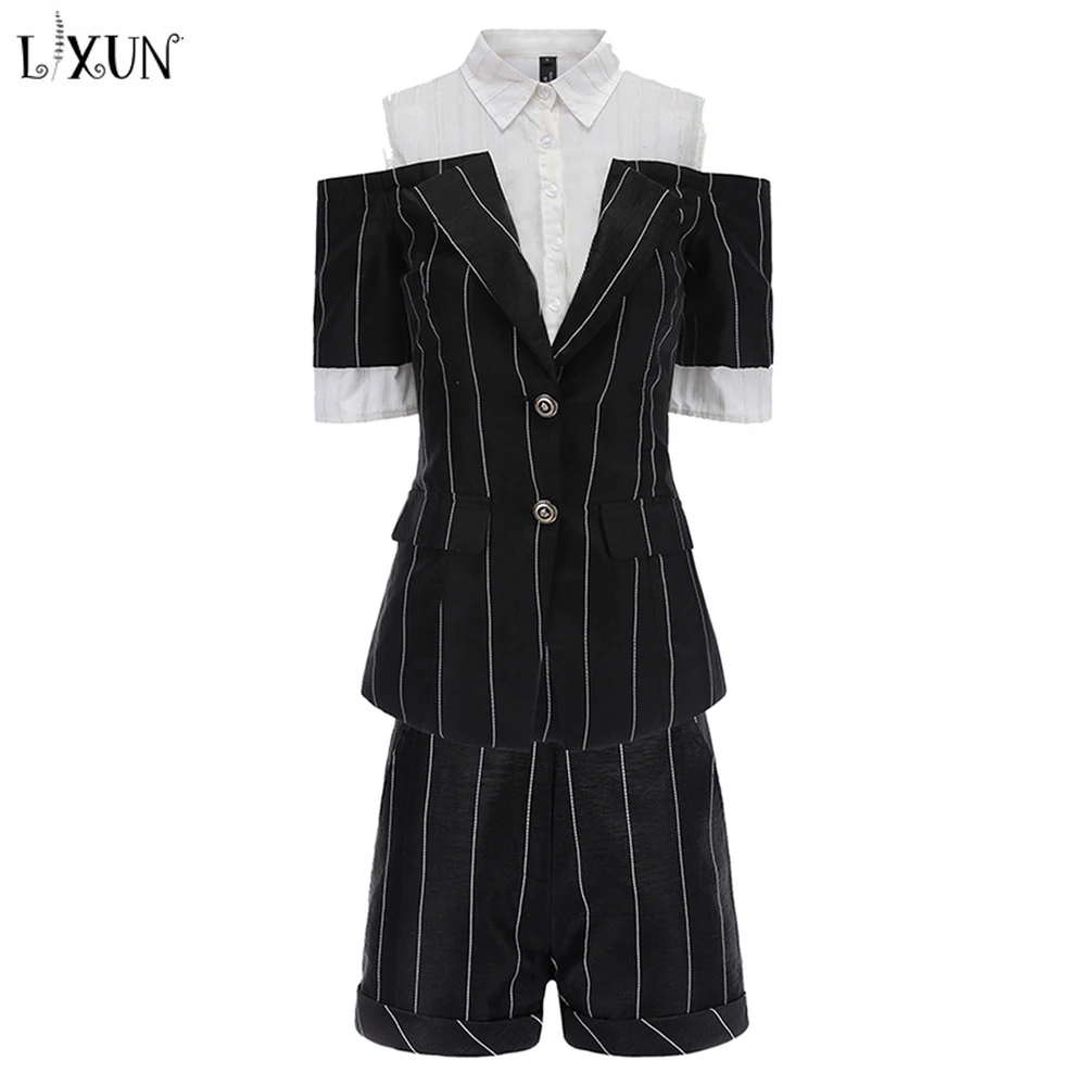 LXUNYI Gestreepte Twee Delige Set Shorts Zomer Off Shoulder Top Blazer En Korte Broek Enkele Breasted Runway Korte Sets Voor vrouwen LXUNYI Gestreepte Twee Delige Set Shorts Zomer Off Shoulder Top Blazer En Korte Broek Enkele Breasted Runway Korte Sets Voor vrouwen