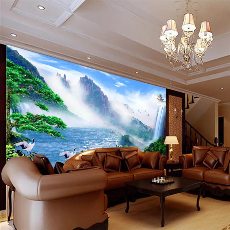 

Customized mural large 3D Chinese style landscape with welcoming pine behind TV sofa as background wallpaper in living room
