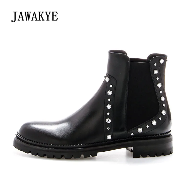 

2018 Punk Style Rivet Stud Chelsea Boots Woman Round Toe Real Leather Ankle Boots
