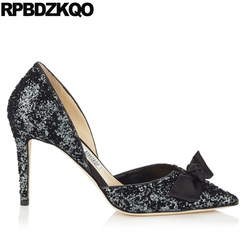 

Sparkling Women Size 33 Sandals Pumps Black Scarpin Cute Kawaii Bow Glitter 2018 Bling Wedding Shoes Pointed Toe 4 34 High Heels