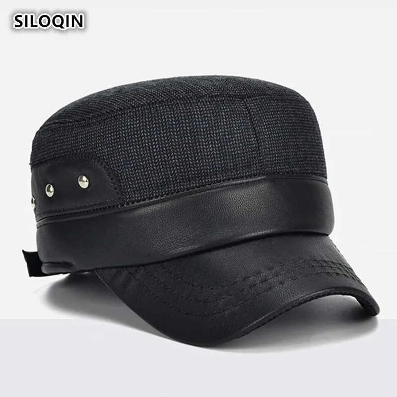

SILOQIN Men"s Autumn Winter New Style Cotton Middle Old Aged Keep Warm Earmuffs Military Hats Adjustable Leisure Travel Flat Cap