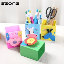 EZONE 1PC Cartoon Animals Wooden Pen Holder Desktop Storage Pen Holder Clip Design Children Favors Stationery Lion/Pig/Cow/Dog