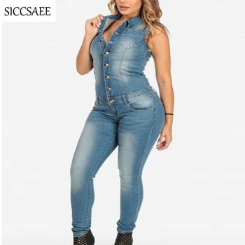 

Tank Slim Fit Denim Rompers Womens Jumpsuit Long Pant Button Front Turn Down Collar Bodycon Bodysuit Jeans Bandage Overalls Sexy