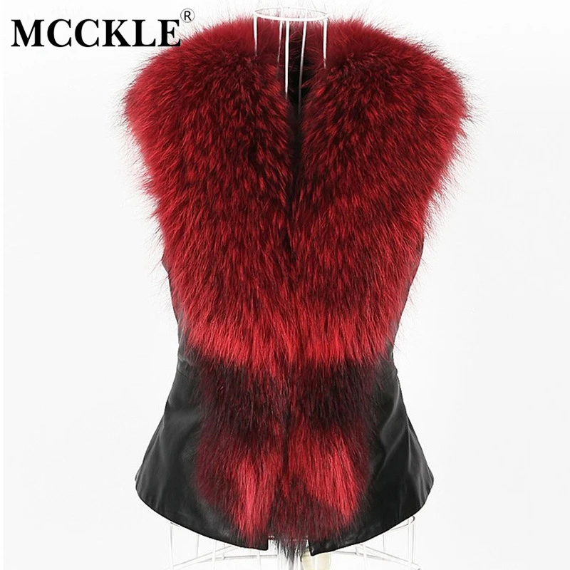 

Women Plus Size PU Leather Faux Fur Winter Coat 2019 Female Sleeveless Vest Faux Raccoon Dog Fur Collar Ladies Short Coat