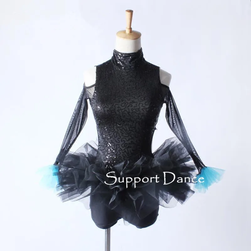 

Черное балетное платье-пачка с блестками для детей и взрослых, Сетчатое платье с длинными рукавами и широкие манжеты, сексуальный костюм для выступлений, поддержка танцев, C337