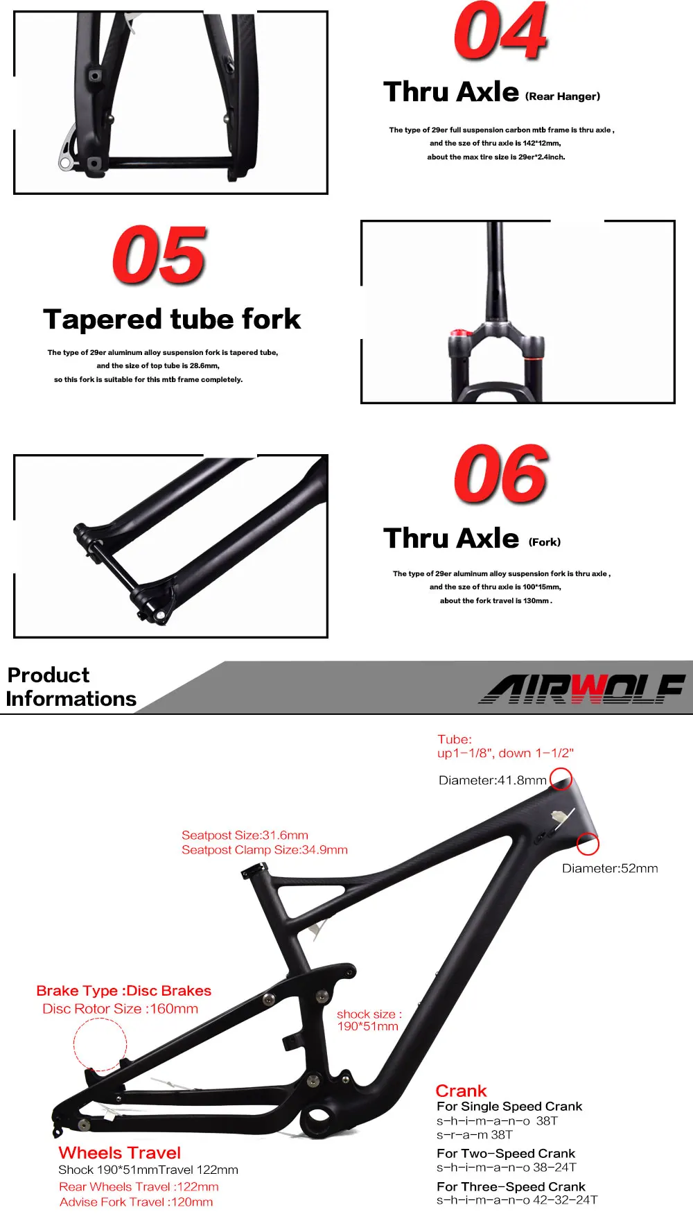 Airwolf Enduro Bike 29er Suspension Carbon MTB Frame with Tapered
