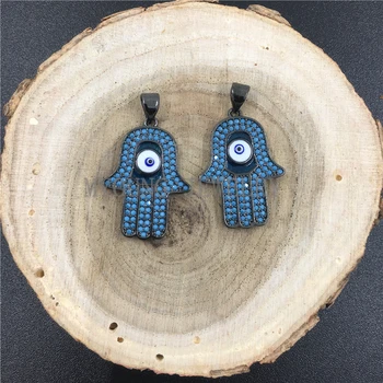 

MY0697 Blue Turquoises Micro Paved Evil Eye Fatima Hamsa Hand Pendant ,Micro Pave Zirconia Gun black Plated Edges and Bail