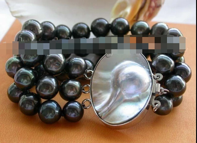 

Miss charm Jew.191 8" 3rows Genuine Natural 11-12mm Black pearl Bracelet mabe pearl clasp