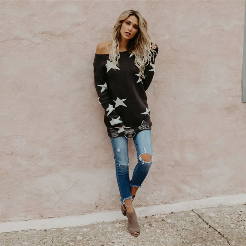 2018 Winter Sweater Harajuku Star Print Loose Pullover Women Knitted Wear Black Beige Autumn Ladies Streetwear 2018 Winter Sweater Harajuku Star Print Loose Pullover Women Knitted Wear Black Beige Autumn Ladies Streetwear